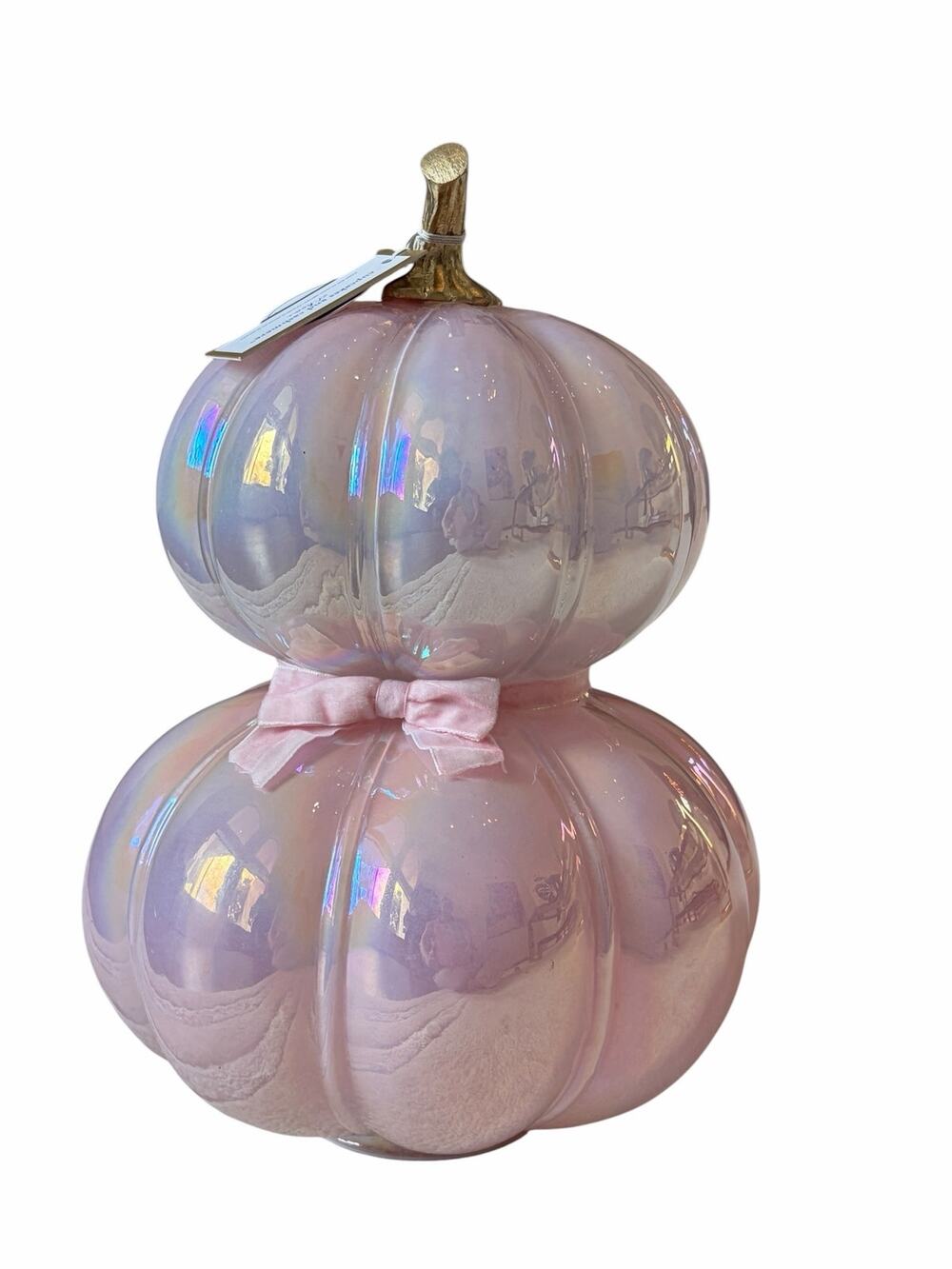 Cupcakes & Cashmere Handblown Iridescent Pink Stacked LED Glass Pumpkin 14in NEW